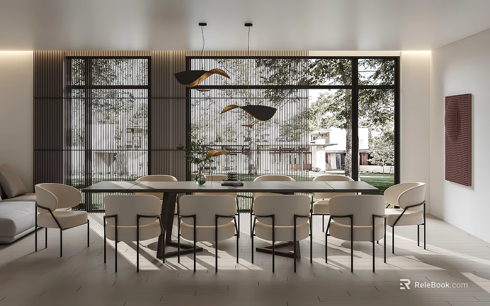Modern Restaurant Interior With Large Windows Dining Table Chairs And Pendant Lights 3d model