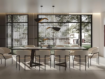Modern Restaurant Interior With Large Windows Dining Table Chairs And Pendant Lights 3d model