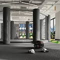 Modern Fitness Gym Interior With Hanging Yellow Punching Bags Green Mats And City View Windows
