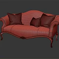 Multi Person Purple And Orange Sofa With Plush Cushions And Vintage Carved Legs