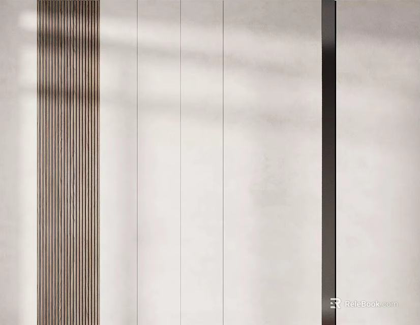 Modern Background Wall Design With Vertical Wooden Strips And Light Colored Panels 3d model 