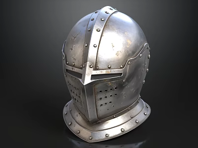 Medieval Knight Helmet With Silver Finish Rivets And Grid Visor On Black Background 3d model