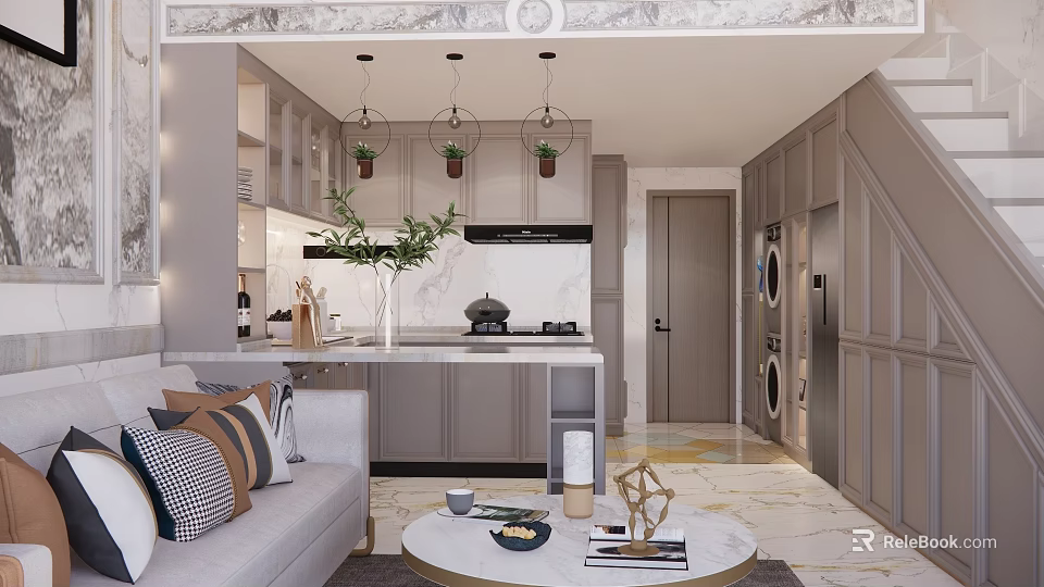 Modern Apartment Interior With Living Room Kitchen Island Counter Sofa Pendant Lights And Plants 3d model 