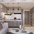 Modern Apartment Interior With Living Room Kitchen Island Counter Sofa Pendant Lights And Plants