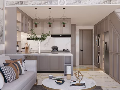 Modern Apartment Interior With Living Room Kitchen Island Counter Sofa Pendant Lights And Plants 3d model