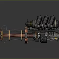 Futuristic Mechanical Weapon With Multi Barrel Design Red Yellow Stripes And Heavy Base