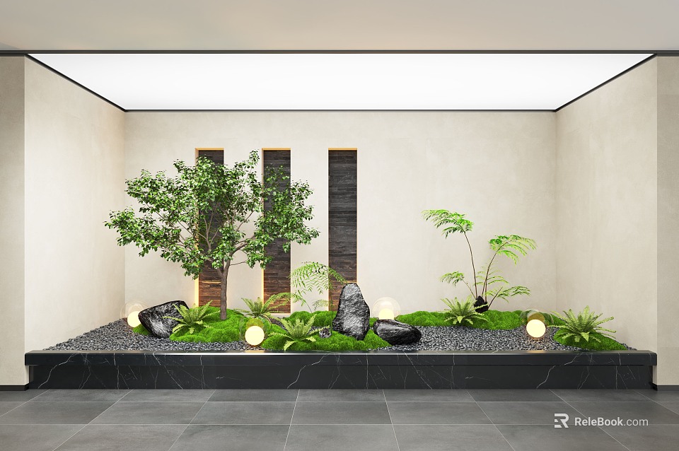 Indoor Landscape Design With Green Plants Black Stones Grass And Small Decorative Lights 3d model 