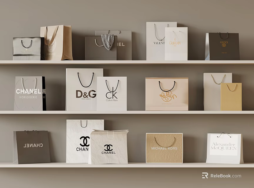 Elegant Collection of Branded Shopping Bags Displayed on Shelves with Luxury Logos 3d model 