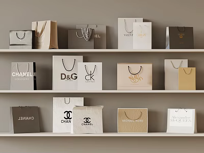 Elegant Collection of Branded Shopping Bags Displayed on Shelves with Luxury Logos 3d model