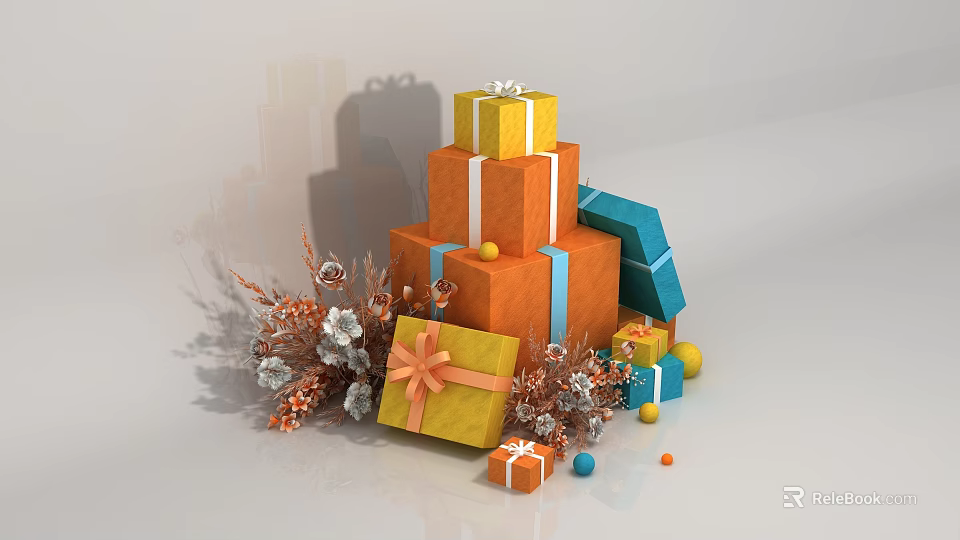 Festive Stacked Colorful Gift Boxes With Decorative Branches And Balls 3d model 