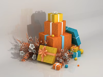Festive Stacked Colorful Gift Boxes With Decorative Branches And Balls 3d model