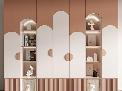 Modern Brown And White Wardrobe With Curved Design And Illuminated Display Shelves 3d model