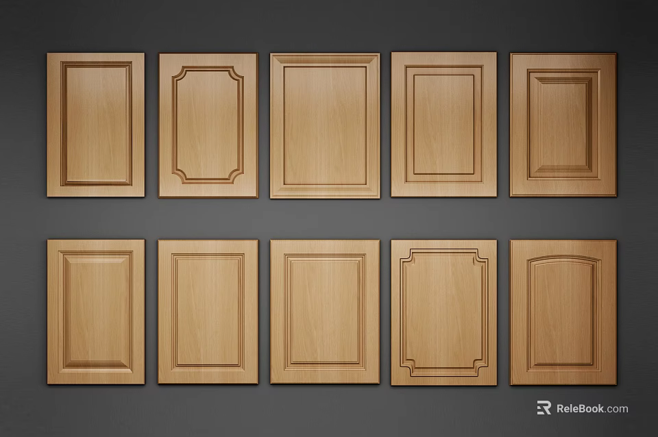 Various Wooden Kitchen Cabinet Doors With Different Panel Designs On Gray Background 3d model 