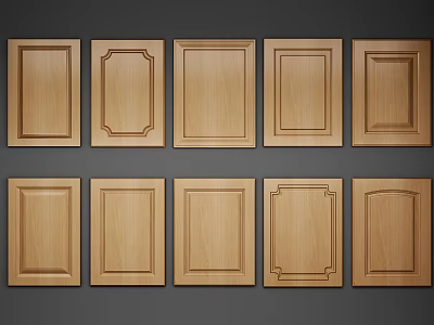 Various Wooden Kitchen Cabinet Doors With Different Panel Designs On Gray Background 3d model
