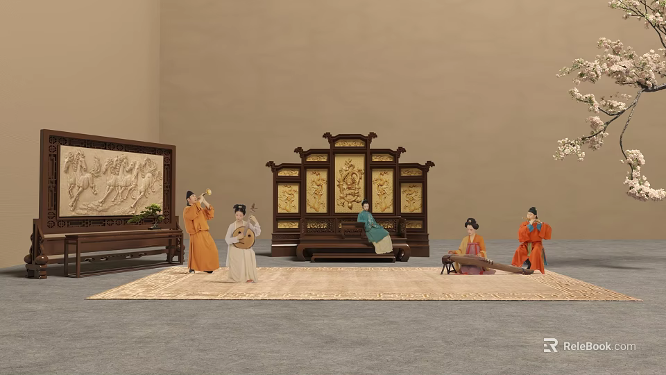 Traditional Chinese Ancient Cultural Scene With Musicians And Ornate Screen Furniture 3d model 
