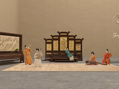 Traditional Chinese Ancient Cultural Scene With Musicians And Ornate Screen Furniture 3d model