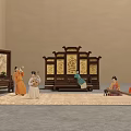 Traditional Chinese Ancient Cultural Scene With Musicians And Ornate Screen Furniture