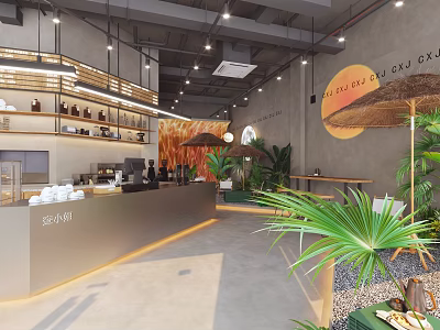Modern Café Interior Design With Counter Plants Warm Lighting And Stylish Decor 3d model