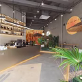 Modern Café Interior Design With Counter Plants Warm Lighting And Stylish Decor