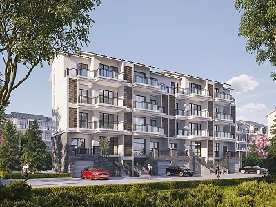 Row Of Modern Townhouses Exterior Design With Balconies Trees And Greenery 3d model