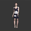 Standing Woman In Blue White Gray Spliced Dress Holding Handbag Wearing High Heels