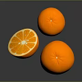 Three fresh oranges with one sliced showing juicy pulp and seeds on dark background