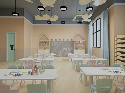 Kindergarten Classroom With White Tables Chairs Blackboard Drawings House Shaped Bookshelves Cloud Pendant Lights 3d model