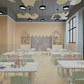 Kindergarten Classroom With White Tables Chairs Blackboard Drawings House Shaped Bookshelves Cloud Pendant Lights