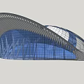Large Modern Building Design With Curved Roof Blue Glass Facade And Metal Frame