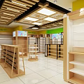 Well Organized Store Interior With Wooden Shelves Yellow Walls Bright Lighting And Category Sections