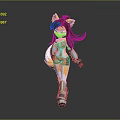 Animated Game Movie Character With Fox Ears Tail Long Brown Hair Blue Eyes Red Outfit