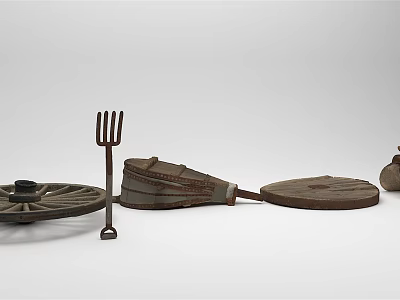 Rustic Garden Ornaments Featuring Wooden Wheel Metal Fork And Clay Pot Decor 3d model