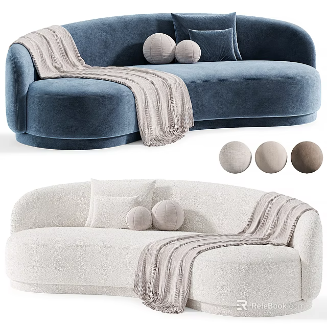 Blue And White Curved Sectional Sofa With Soft Throw Blanket And Round Pillows 3d model 