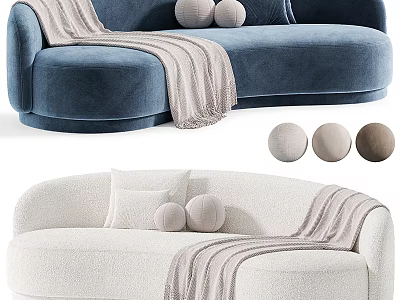 Blue And White Curved Sectional Sofa With Soft Throw Blanket And Round Pillows 3d model