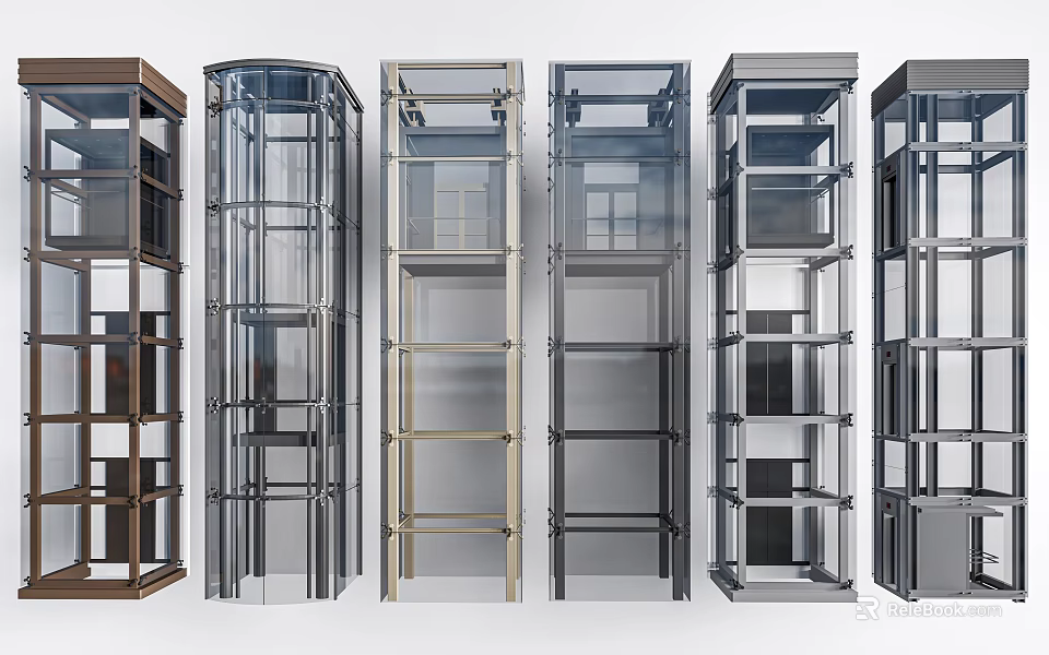 Sleek Modern Elevator Cabins With Glass Panels Metal Frames And Varied Designs 3d model 