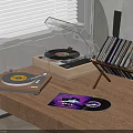 Premium Vinyl Record Player Audio System On Wooden Table With Vinyl Records Holder
