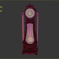 Vintage Red Wooden Grandfather Clock With Carved Details Round Dial And Pendulum