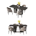 Modern Dining Table Set With Gray Chairs And Yellow Flowers On Black Table 3d model