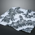 3D Black and White Mountain Landscape with Ink Painting Style Textured Terrain