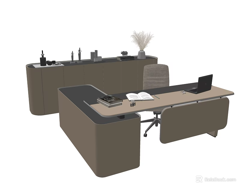 Modern Office Desk With Laptop Open Book Office Supplies And Matching Cabinet 3d model 
