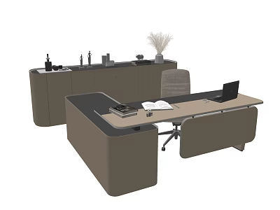 Modern Office Desk With Laptop Open Book Office Supplies And Matching Cabinet 3d model