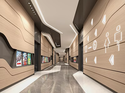 Modern Cinema Hallway Interior With Wooden Walls Directional Icons Movie Posters And Marble Floor 3d model