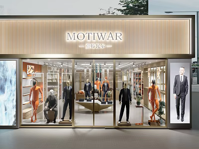 Modern Clothing Store With Mannequins Displaying Suits Casual Wear And Well Arranged Racks 3d model
