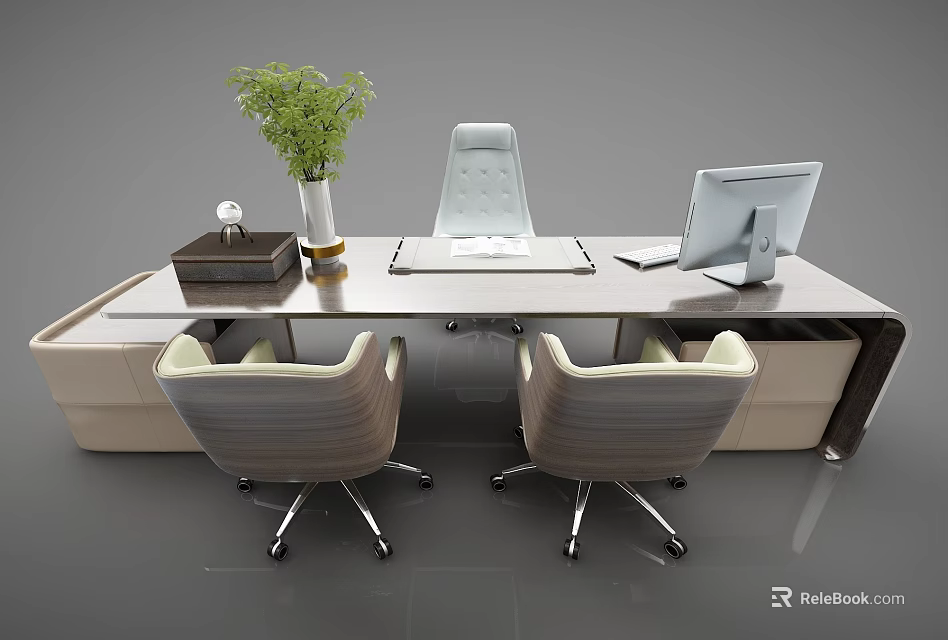 Modern Office Desk With Two Chairs Computer Monitor And Potted Plant 3d model 