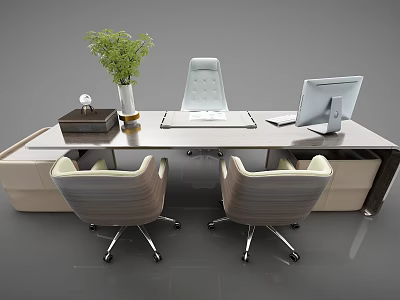Modern Office Desk With Two Chairs Computer Monitor And Potted Plant 3d model