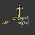 Yellow Robotic Arm System Handling Metal Tubes And Wooden Pallet