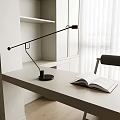 Modern Table Lamp In Study Workspace On White Desk With Open Book And White Curtains