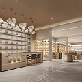 Modern Retail Interior Space With Wooden Ceiling Hanging Globe Lights Shelves Display Counters And Chairs
