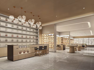 Modern Retail Interior Space With Wooden Ceiling Hanging Globe Lights Shelves Display Counters And Chairs 3d model