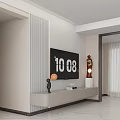 Modern Living Room With Large TV Screen White TV Stand Decorative Sculpture And Orange Decor